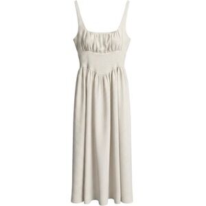 The Workshop Tan White Striped Milkmaid Midi Dress L Smocked Back Cottagecore